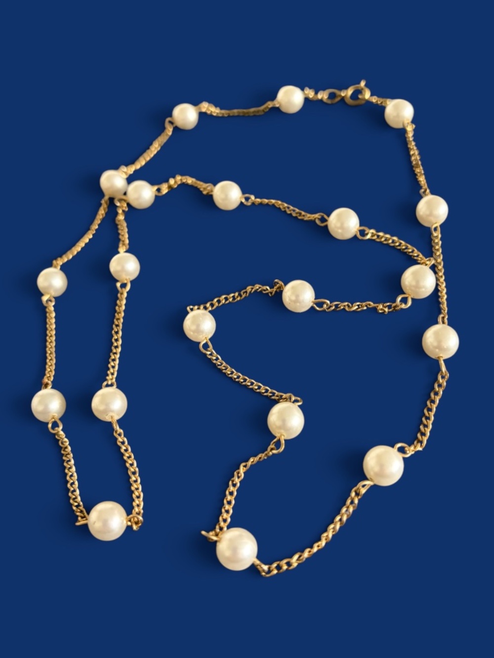 Gold Tone and Pearl Station Necklace